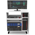 Glorious Modular Side Rack for DJ tables and furniture, showing a sleek black modular design with multiple storage compartments.