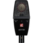 sE Electronics sE4100 condenser microphone with shock mount and pop filter, studio recording setup.