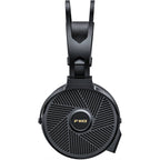 FiiO FT5 wired headphones with black ear cups and inline remote, resting on a white background.