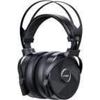 FiiO FT5 wired headphones with black ear cups and braided cable, featuring ear tips and inline remote for music control.