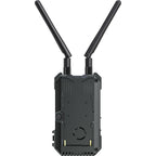 Hollyland Pyro H wireless video receiver connected to a camera setup, compact device with display screen and control buttons.
