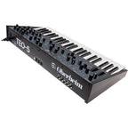 Oberheim TEO-5 synthesizer with multiple knobs and buttons, black control panel, and vintage electronic gear design.