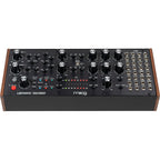 Moog Labyrinth synthesizer with knobs, patch cables, and control panel, showcasing Moog's signature analog synthesizer design.