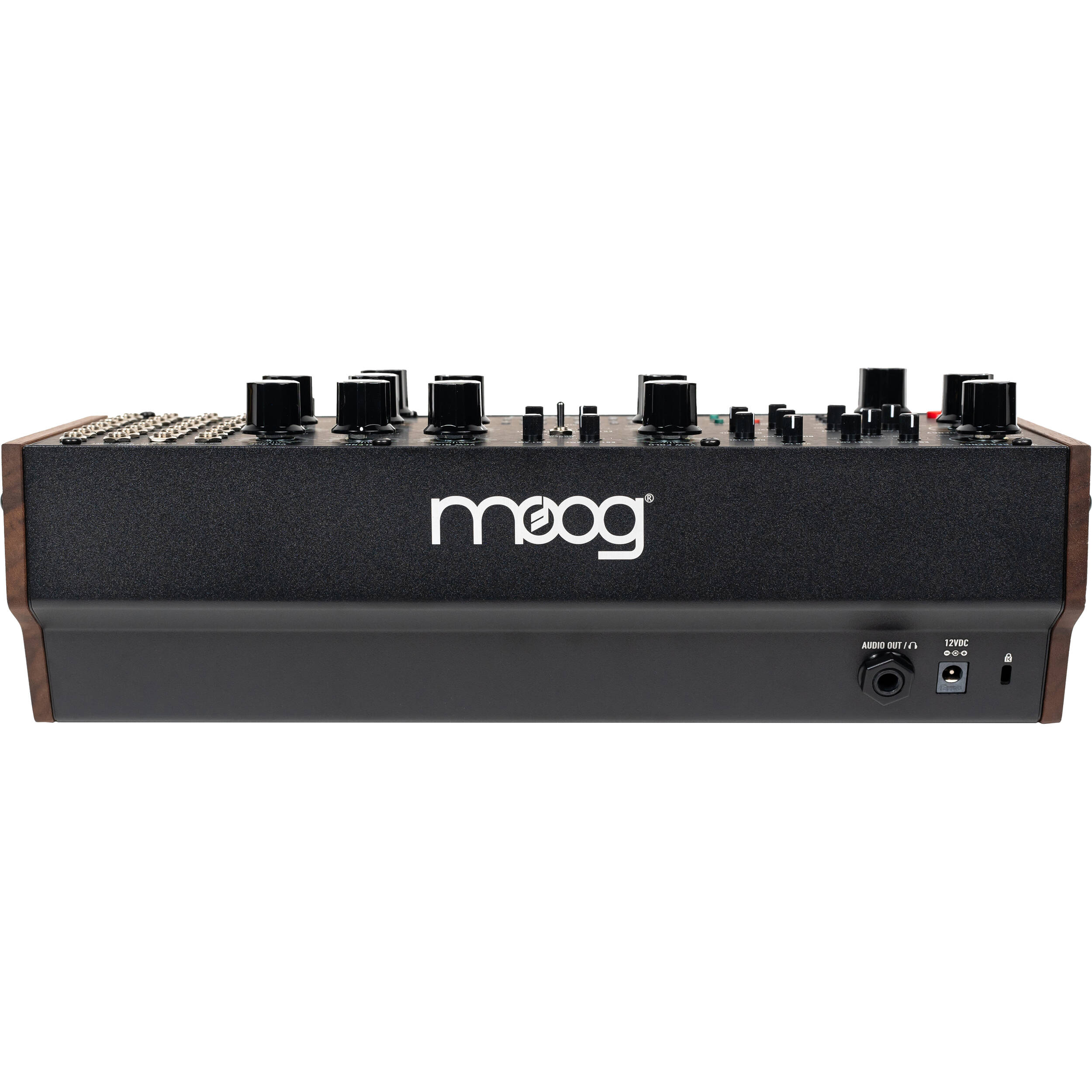 Moog Labyrinth synthesizer with multiple knobs and patch points, featuring a sleek black design and vintage-inspired control layout.