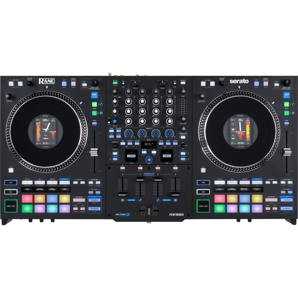 Rane Performer DJ controller with jog wheels, mixer controls, and audio interface for professional DJ performances.