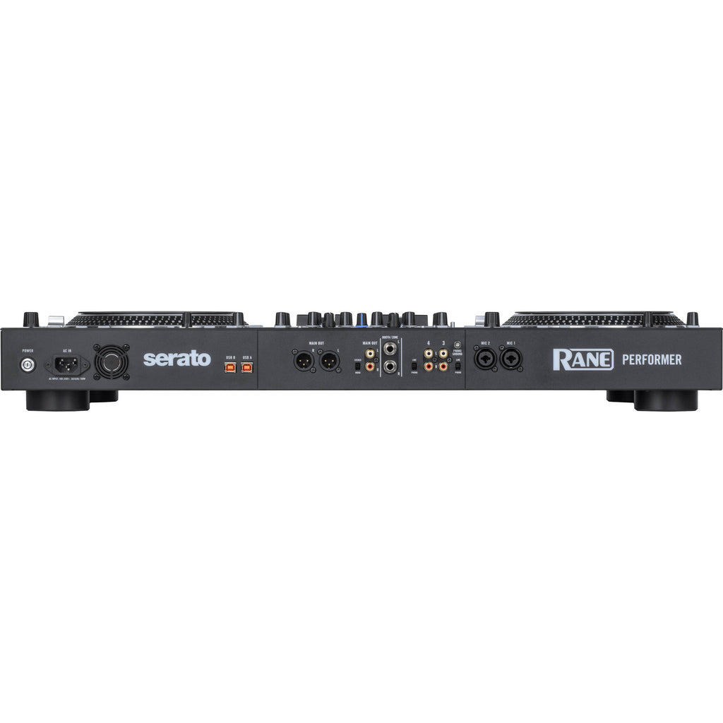 Rane Performer DJ controller with jog wheels, mixer knobs, and control buttons for professional music mixing and mixing.