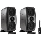 Pair of IK Multimedia iLoud MTM MK2 active nearfield monitors with sleek black finish and detailed speaker drivers.