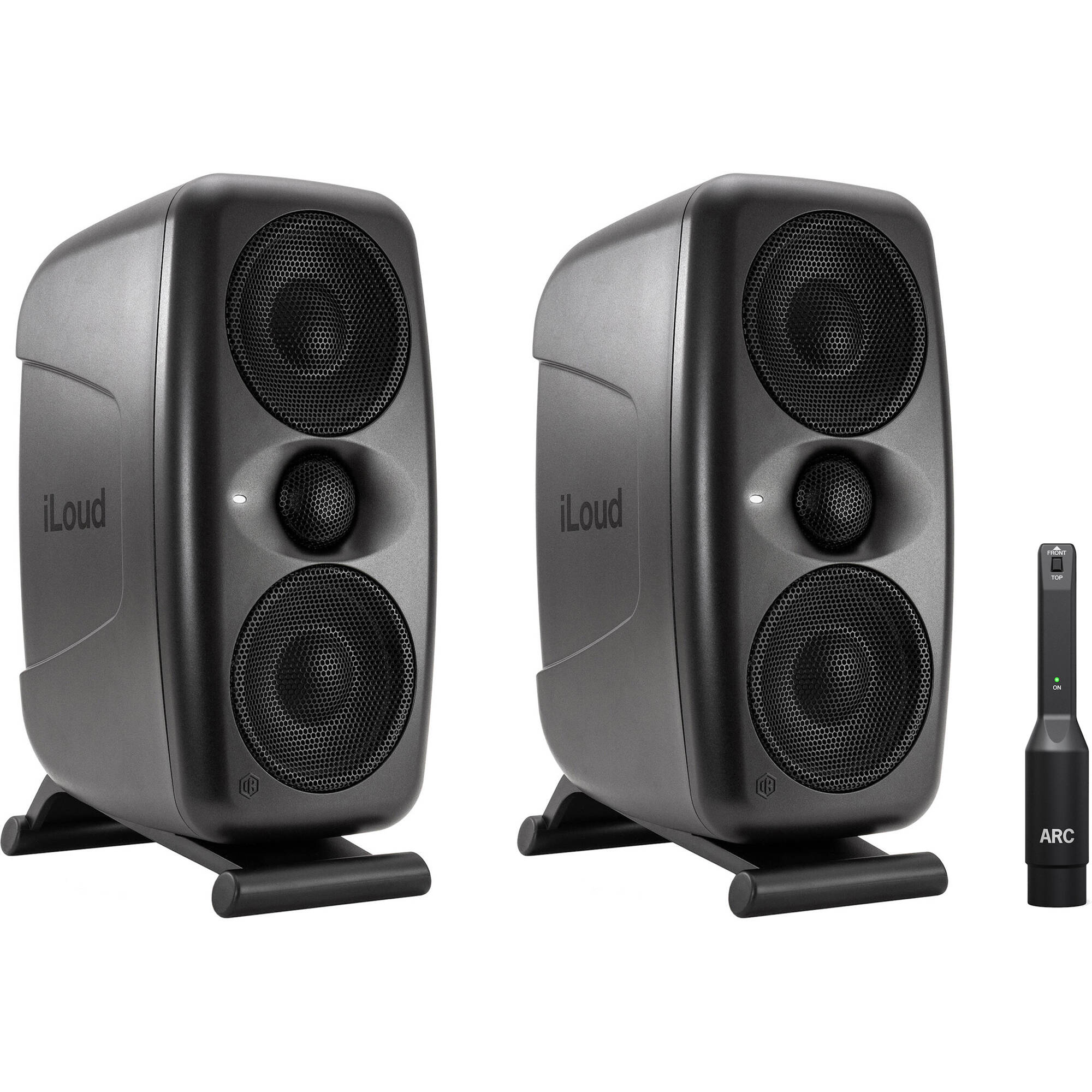Pair of IK Multimedia iLoud MTM MK2 active nearfield monitors with sleek black finish and detailed speaker drivers.