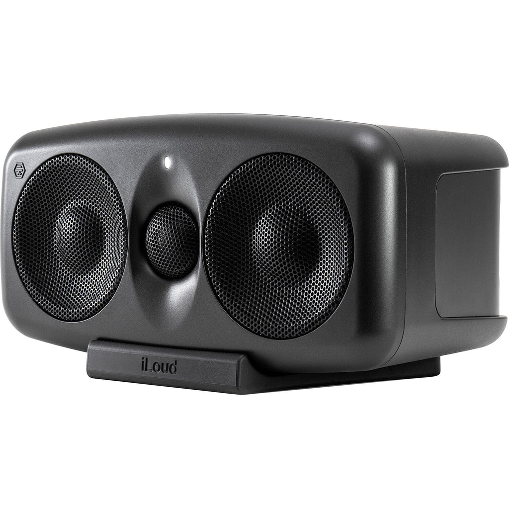 IK Multimedia iLoud MTM MK2 active nearfield monitors shown with their sleek black design and compact build for studio use.
