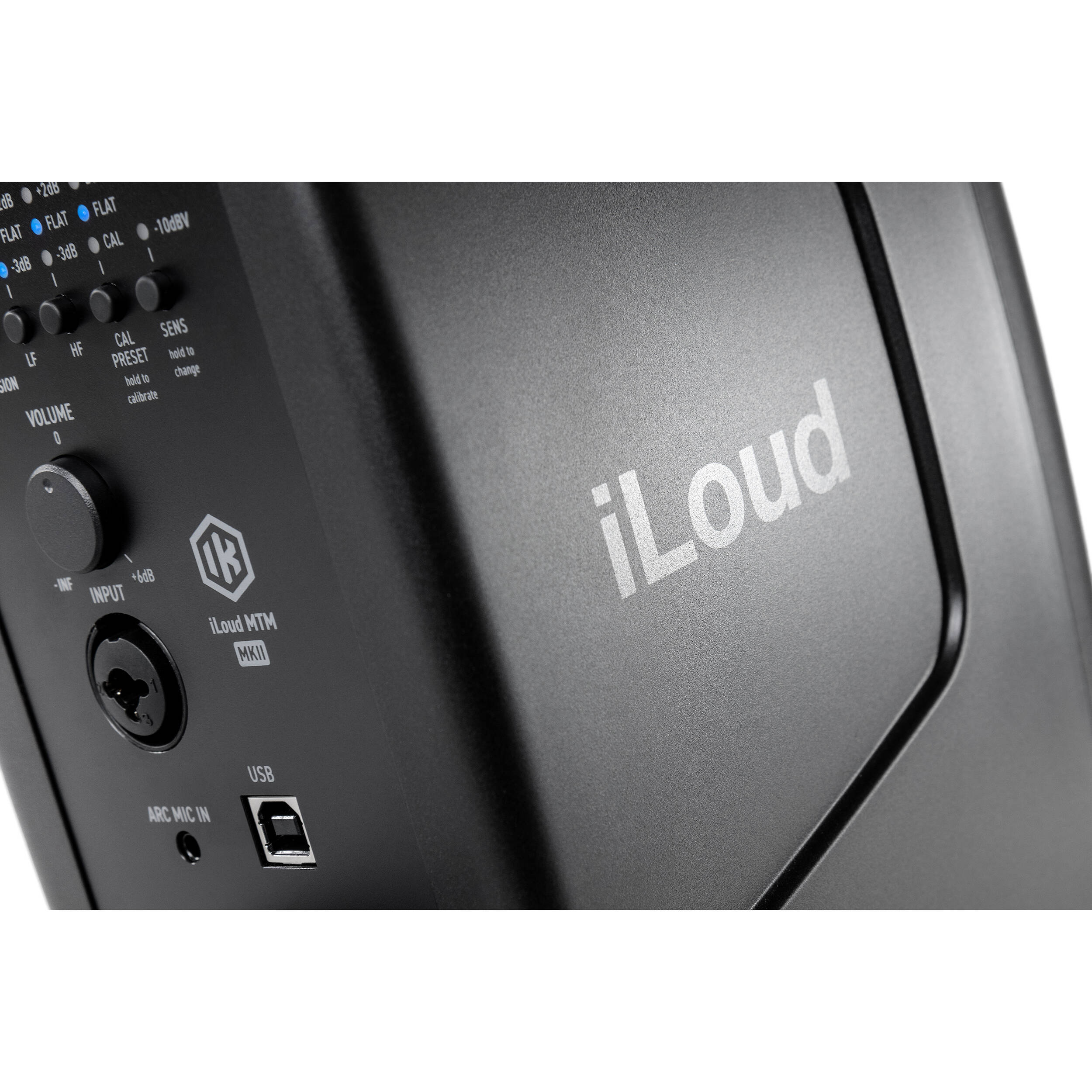 IK Multimedia iLoud MTM MK2 active nearfield monitors with sleek black finish and front port design.