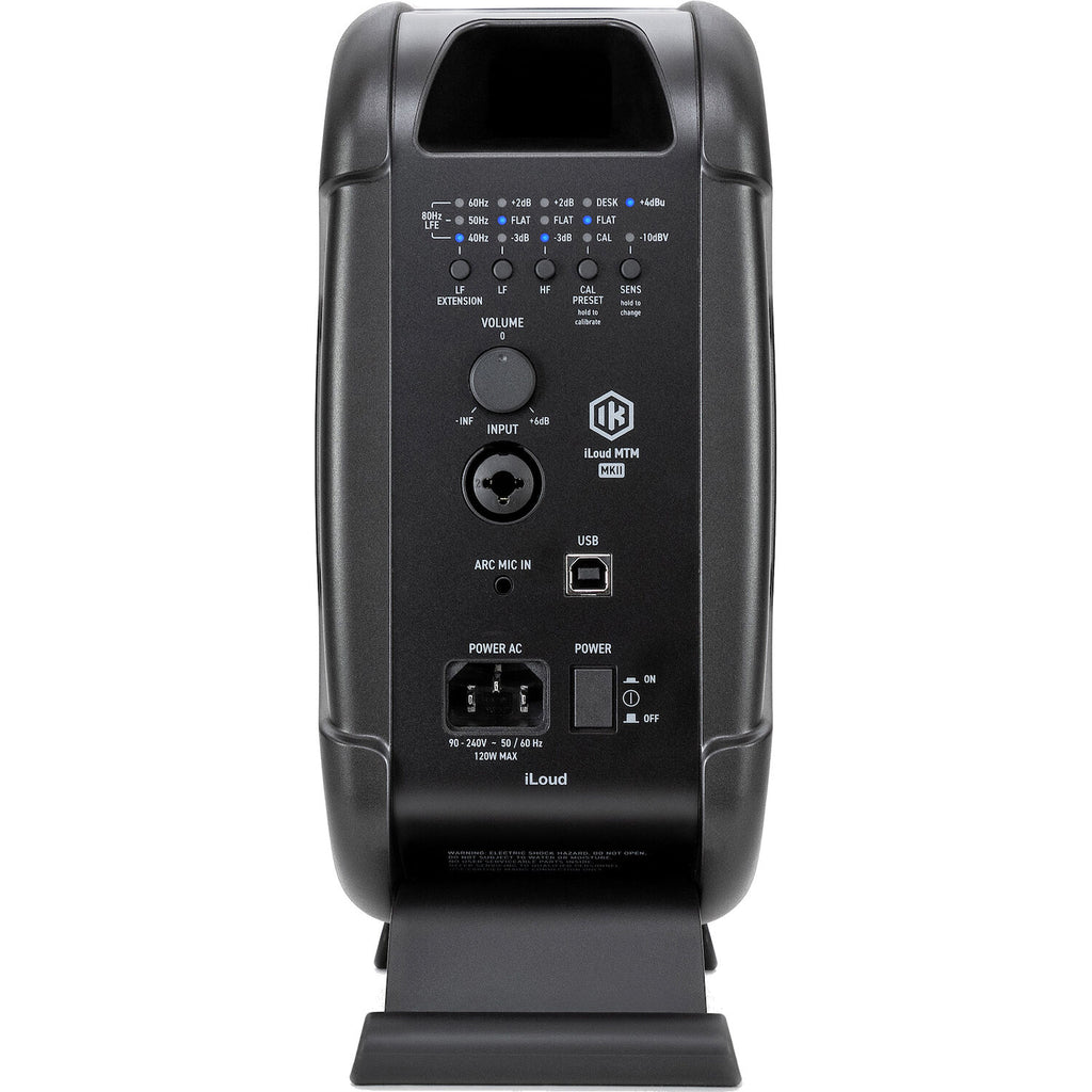 IK Multimedia iLoud MTM MK2 active nearfield monitor speaker showing front view with control buttons and grille.