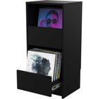 Glorious Vinyl Vault DJ table with sleek black surface and sturdy metal legs, designed for vinyl record storage and DJ setup.