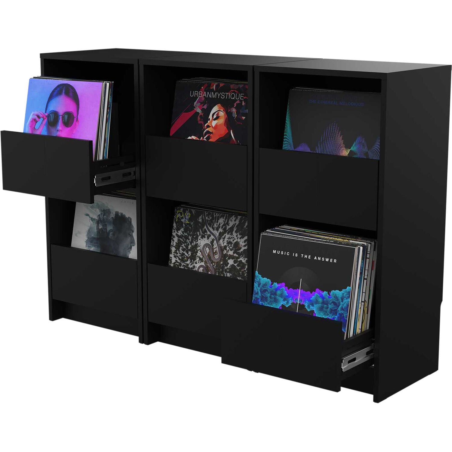 Glorious Vinyl Vault DJ table and furniture with sleek wooden finish, designed for vinyl record storage and DJ setups.