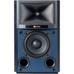 JBL 4305P active bookshelf speakers with sleek black finish and front-facing drivers for high-quality audio.