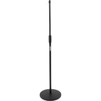 Shure floor microphone stand with adjustable height and black metal construction, designed for professional audio use.
