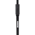 Shure floor microphone stand with adjustable height and sturdy base, designed for professional audio and stage use.