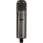 Warm Audio WA-47T condenser microphone shown from the front with silver grille and black body, ideal for studio recording.
