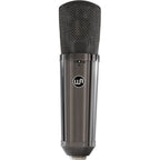 Stereo pair of Warm Audio WA-87 R2 TS condenser microphones with gold finish and shock mounts for studio recording.