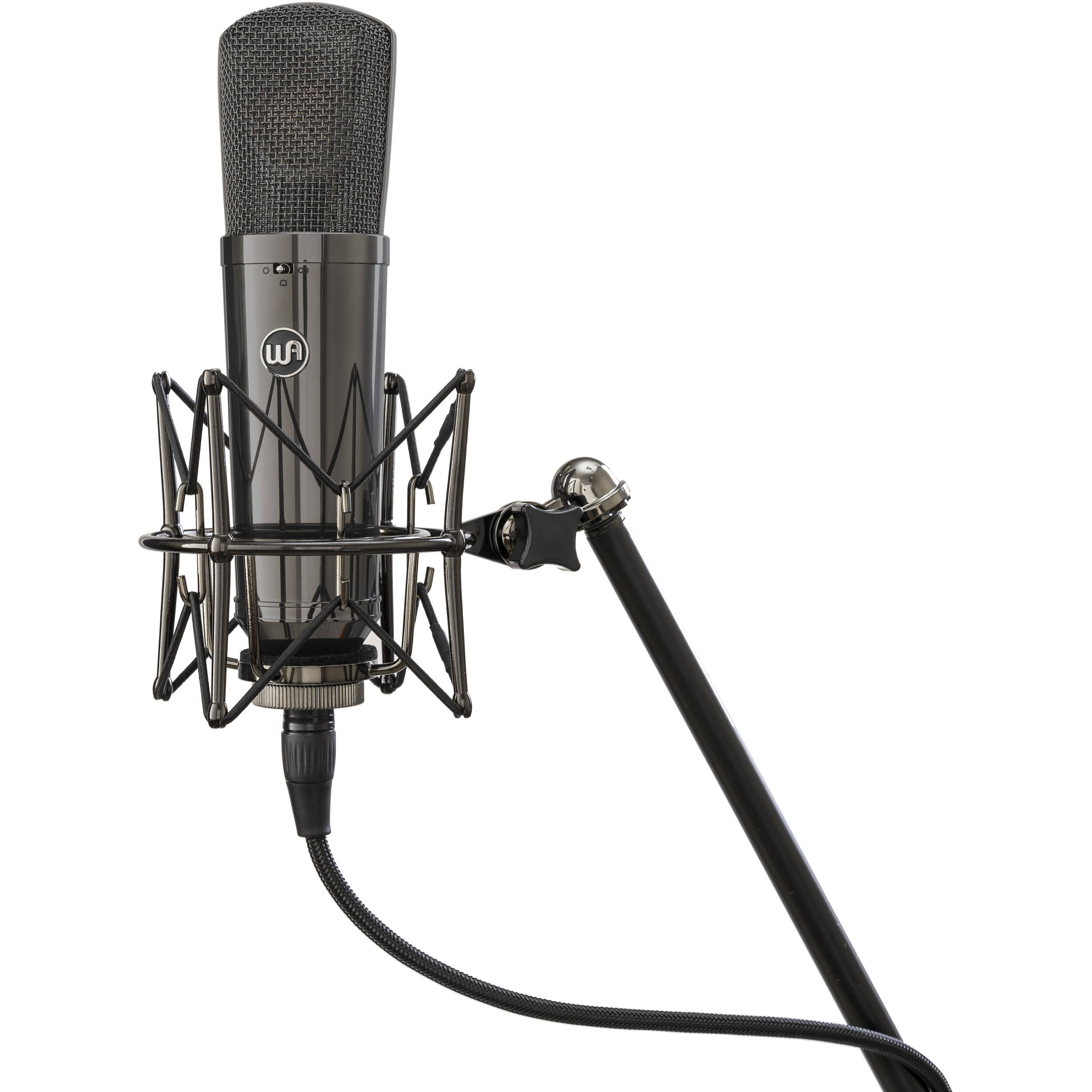 Stereo pair of Warm Audio WA-87 R2 TS condenser microphones with gold finish and shock mounts for studio recording.