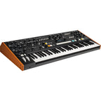 Moog Muse synthesizer with knobs, keys, and controls, showcasing a compact electronic keyboard from Moog.