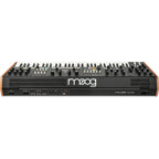 Moog Muse synthesizer with control knobs, patch cables, and keyboard layout, showcasing Moog's classic electronic instrument design.