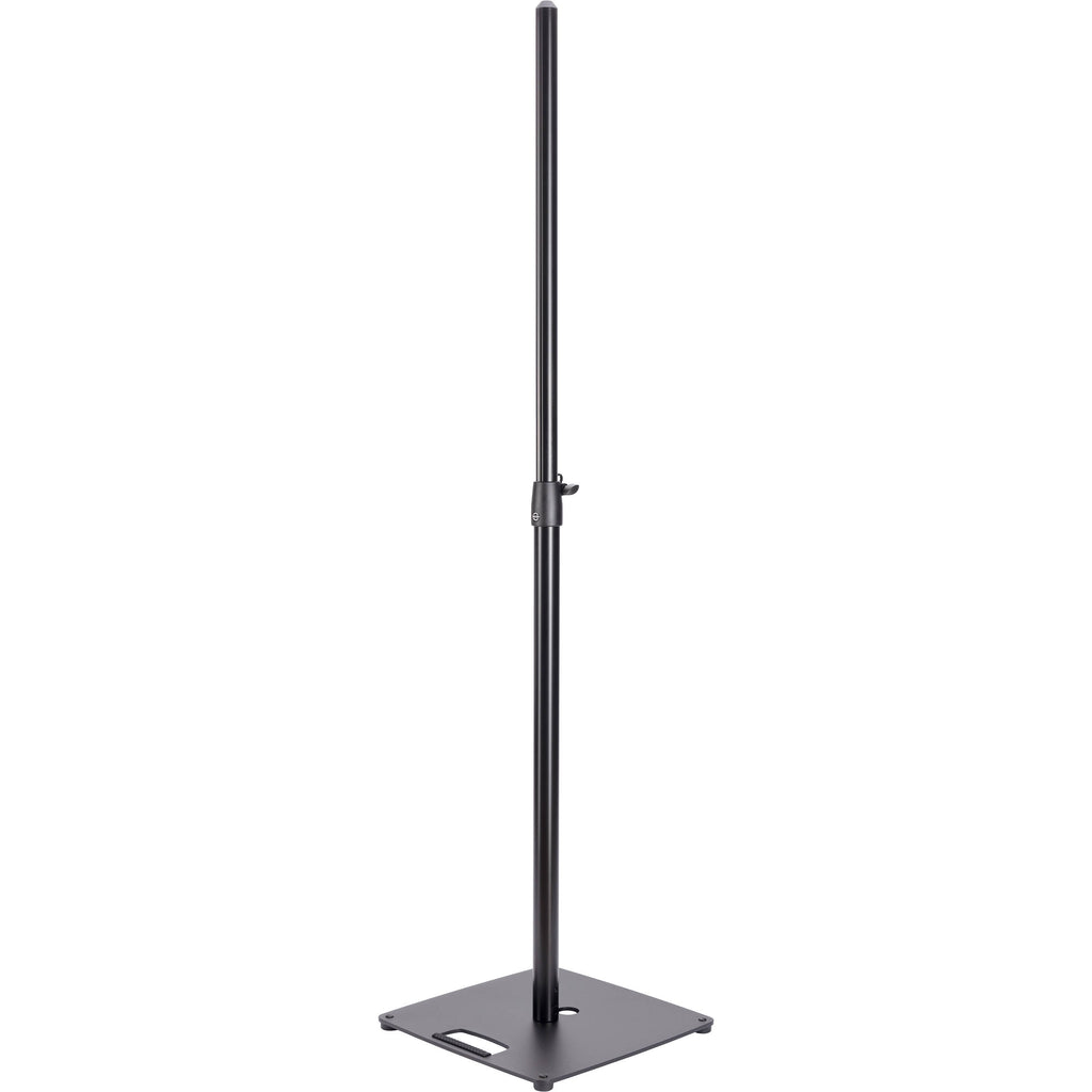 K&M 26731 PA speaker stands set up for audio equipment, with adjustable height and sturdy tripod base.