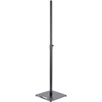 K&M 26731 PA speaker stands set up for audio equipment, with adjustable height and sturdy tripod base.