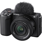 Sony ZV-E10 II mirrorless video camera with 16-50mm zoom lens, compact and versatile for high-quality video recording.
