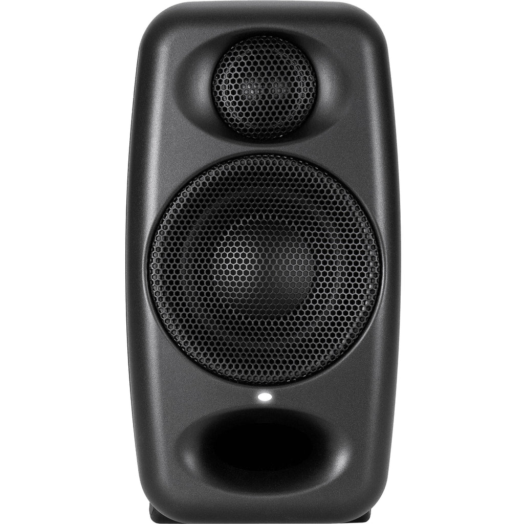 IK Multimedia iLoud Micro Monitor Pro active nearfield studio monitors shown in a professional audio setup.