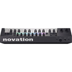 Novation Launchkey 25 MK4 MIDI keyboard with 25 keys, control knobs, and pads for music production.
