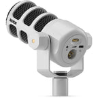 Rode Podmic USB microphone with adjustable stand and cable, designed for high-quality audio recording and podcasting.