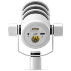 Rode PodMic USB microphone with built-in stand and cable, designed for podcasting and streaming on a clean desk setup.