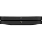 Bluesound Node 2025 black music streamer with sleek design, digital input ports, and control buttons on the front panel.
