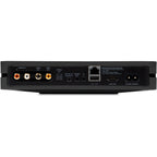 Bluesound Node 2025 black music streamer device with digital and analog audio outputs, sleek compact design.