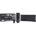 Shure SM4 condenser microphone with a sleek metal body, mounted on a stand, ideal for professional audio recording.
