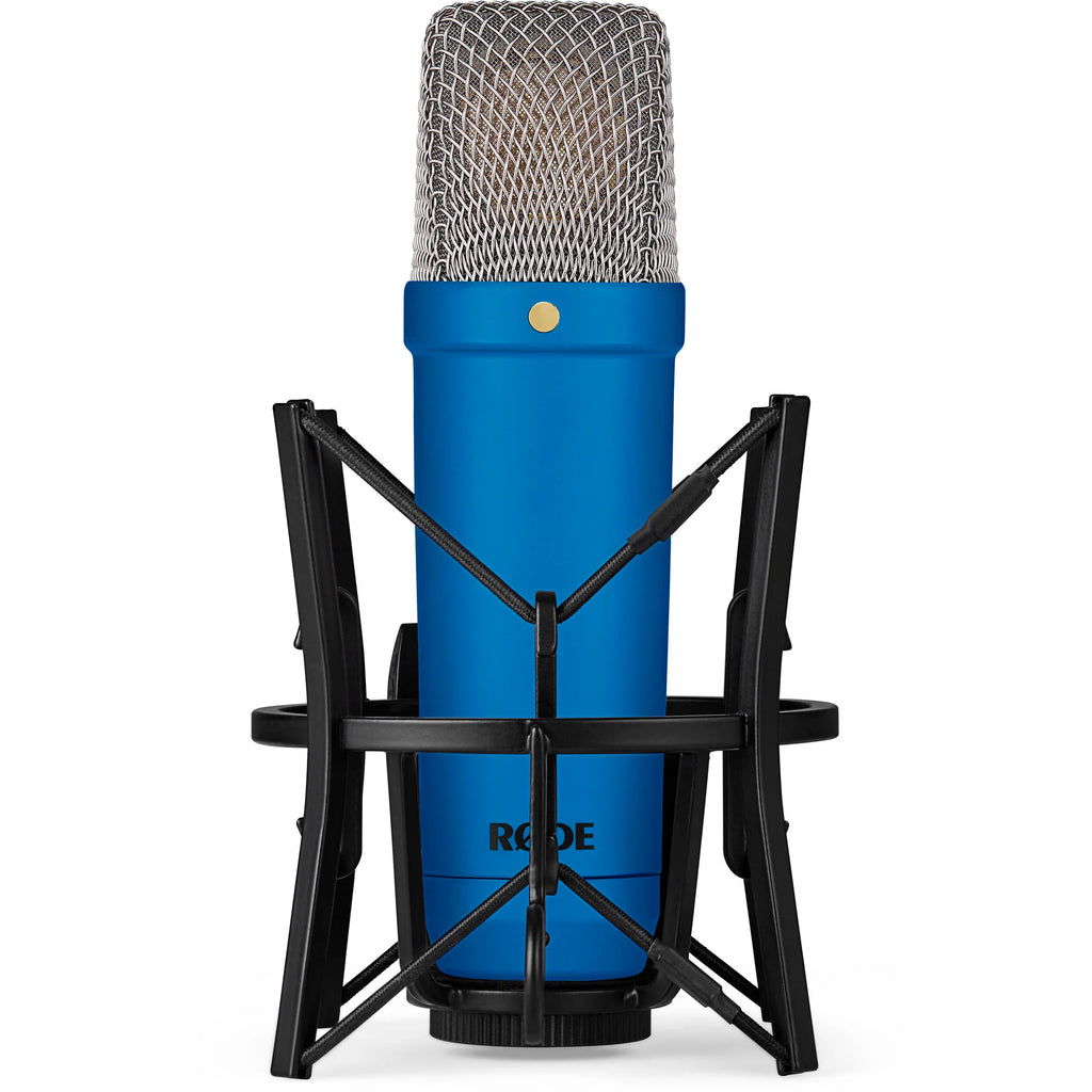 Rode NT1 Signature Series condenser microphone with black body and silver grille, mounted on a stand for studio recording.