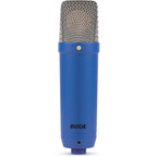 Rode NT1 Signature Series condenser microphone with black body and metal grille, designed for studio recording and vocals.