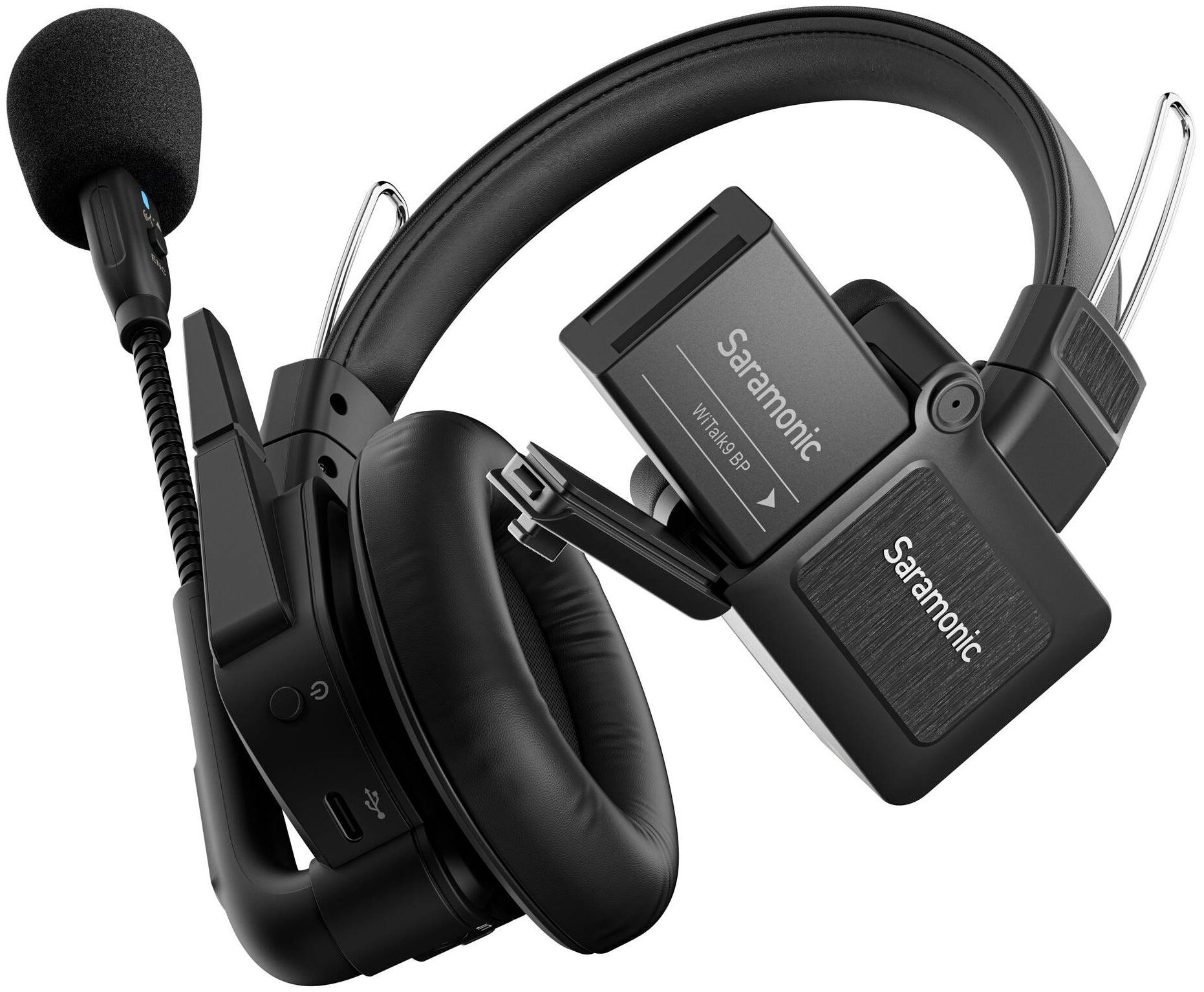Saramonic WiTalk9 WT2S two-person wireless microphone system for video recording, featuring small transmitters and receiver.