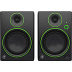 Mackie CR5BT desktop speakers with black finish, connected to a computer, showing control knobs and audio cables.