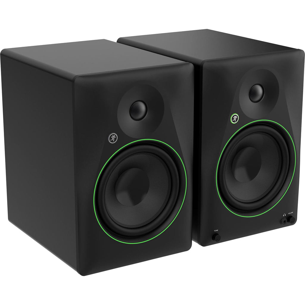 Mackie CR8BT desktop speakers with black finish and control knobs, designed for studio or home audio setup.