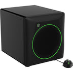 Mackie CR8SBT powered subwoofer with Bluetooth connectivity, black speaker with control knobs and audio ports on the back.