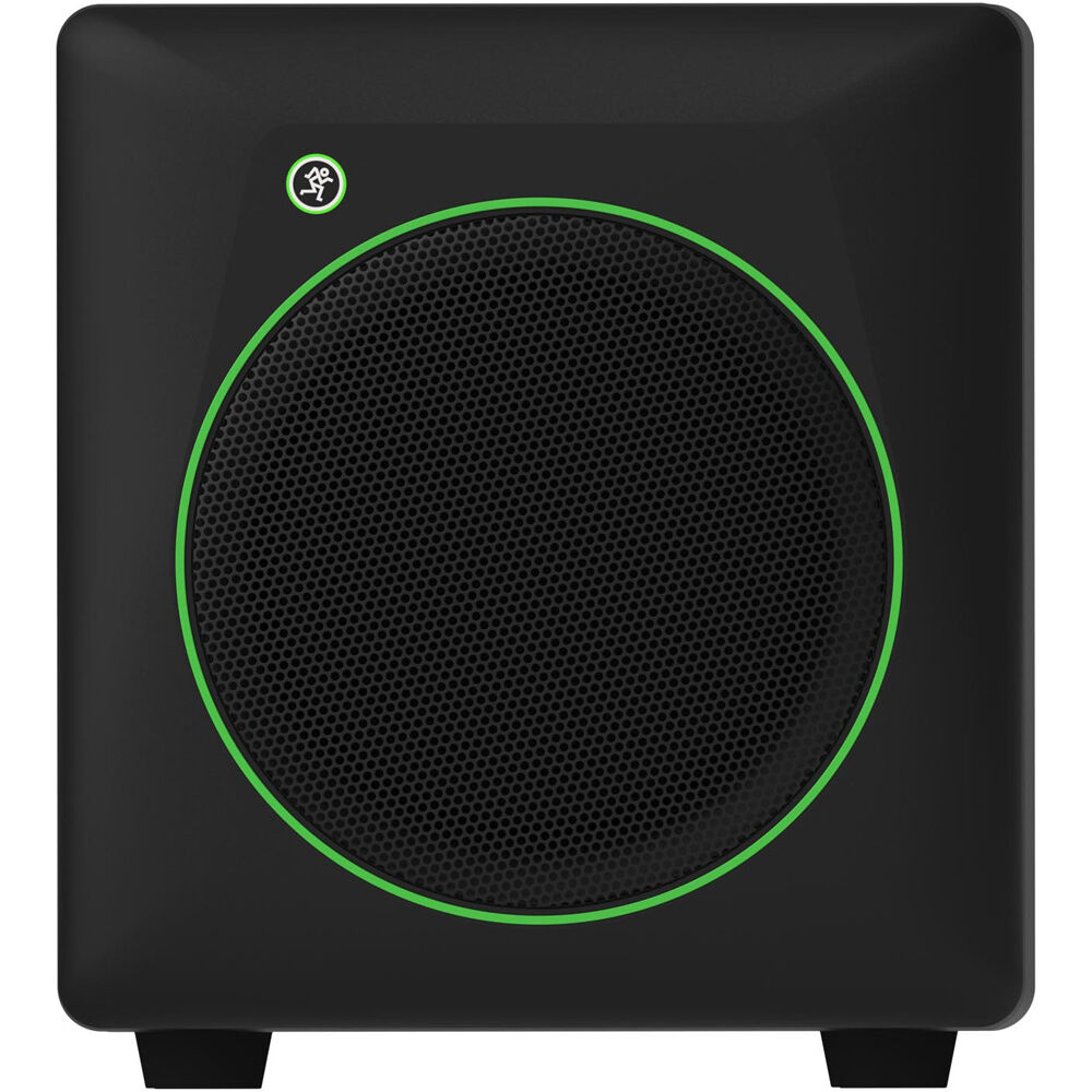 Mackie CR8SBT subwoofer with Bluetooth connectivity, featuring a sleek black design and control panel on the front.