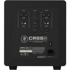 Mackie CR8SBT powered subwoofer with Bluetooth connectivity, featuring a sleek black design and control knobs on the front panel.