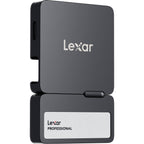 Lexar Go Portable SSD external drive with hub, sleek black design, connected to a computer with cables visible