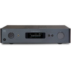 NAD C 379 stereo amplifier with sleek black design and control knobs, showcasing its front panel and input connections.