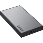 Lexar Workflow Portable SSD external drive with sleek black casing and USB connection for fast data transfer.