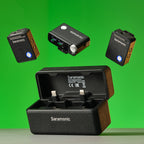 Saramonic Ultra wireless microphone system with Lavalier mics, compact creator audio setup for high-quality recording.