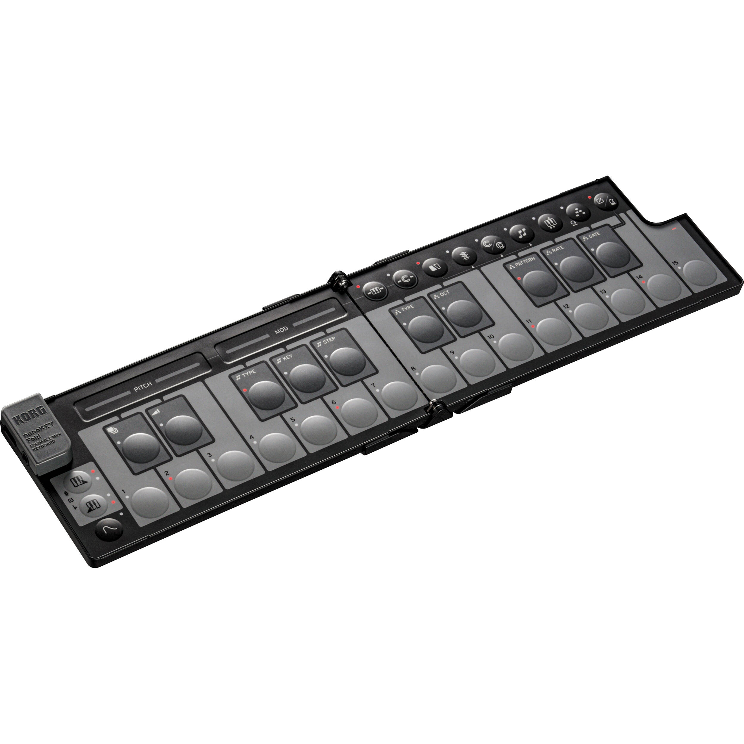 Korg nanoKEY Fold black portable MIDI keyboard controller with compact design and key buttons for music sequencing.
