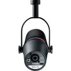 Shure MV7i USB microphone with adjustable stand and black finish, designed for professional podcasting and recording.