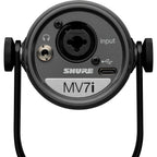 Shure MV7i USB microphone with black body and adjustable stand, ideal for podcasting and streaming.